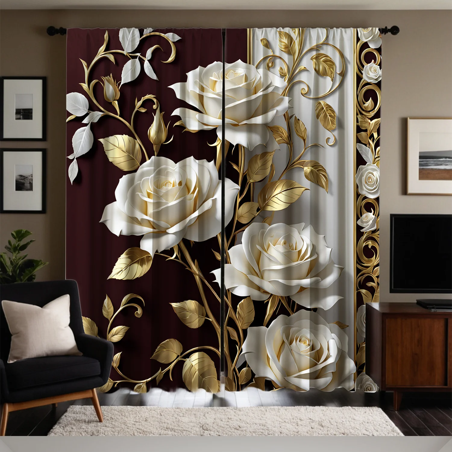 2PC White Rose & Gold Leaf Sheer Curtains – HD Print, Pocket Rod Top for Living Room, Bedroom, Study – Polyester Decor