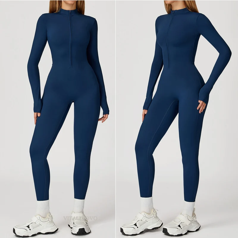 VITALINOVO Damen-Trainingsanzug mit Fleece-Futter, langärmlig, mit Reißverschluss, Yoga-Overall, Winter, warm, Thermo-Einteiler, figurbetonte Hose – Detail 5