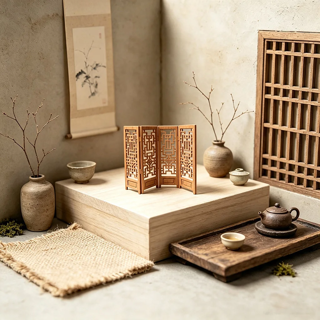 Oriental Vintage Hollow Folding Screen 3D Printed Miniatures Partition Chinese Lattice Screen Dollhouses Diorama DIY Craft Gifts
