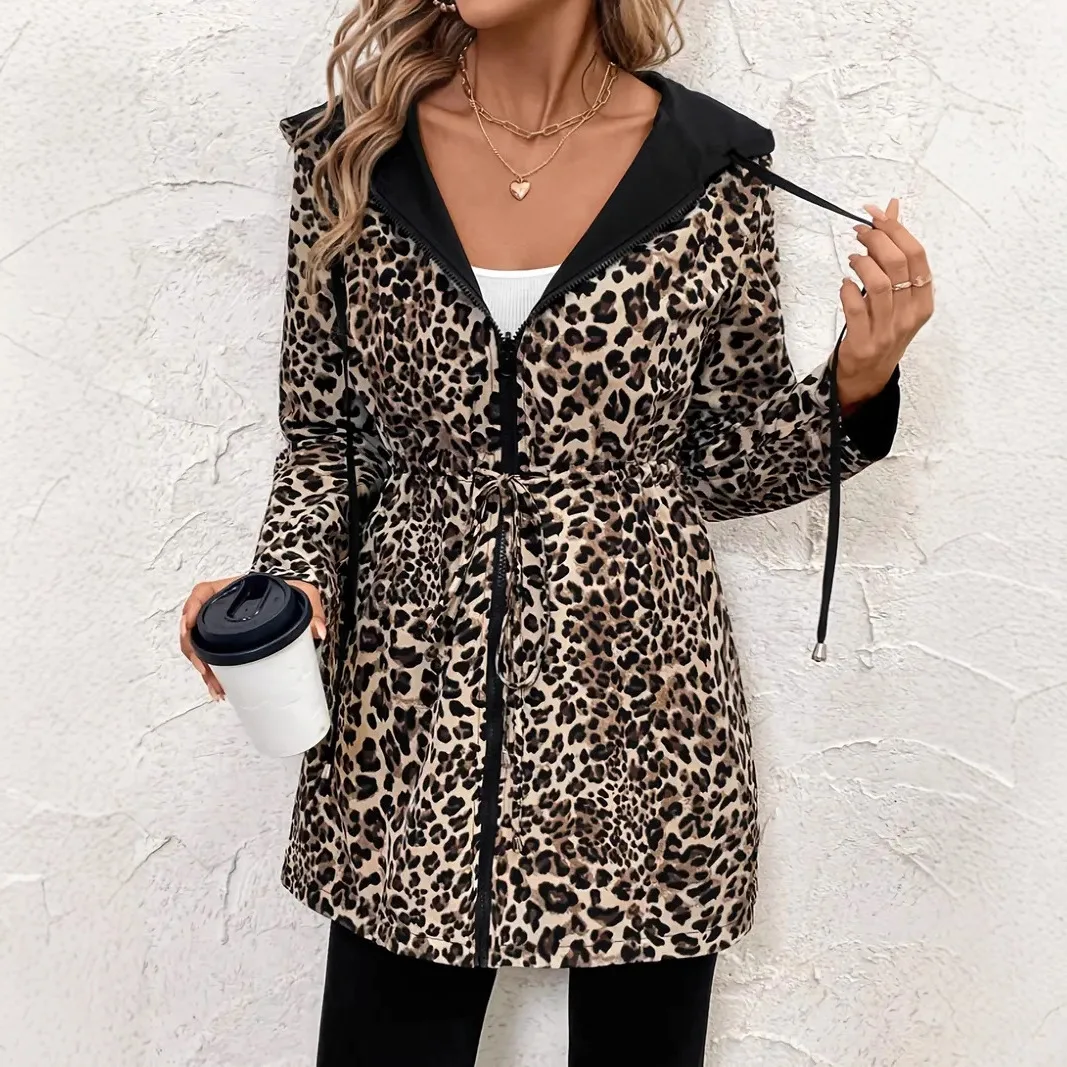 

Coats For Woman Autumn Winter Versatile Hooded Jacket Womens Zippered Leopard Print Lace-up Belt Long Jacket Abbigliamento Donna