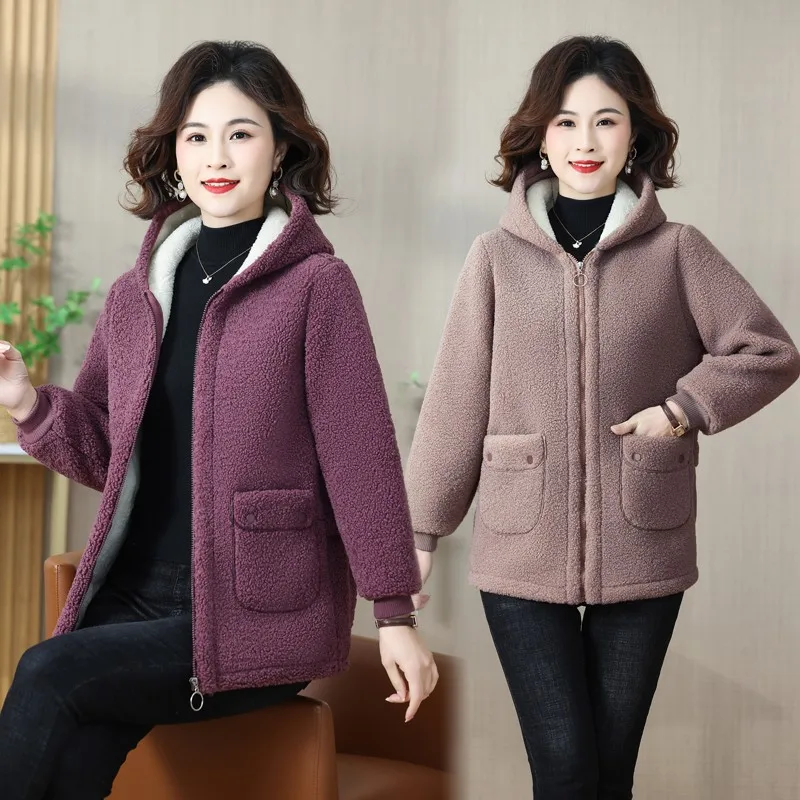 Manteau en laine d'agneau pour femme d'âge moyen, veste à capuche en coton peluche, vêtements d'extérieur chauds pour femme, sourire polaire, grande taille, hiver