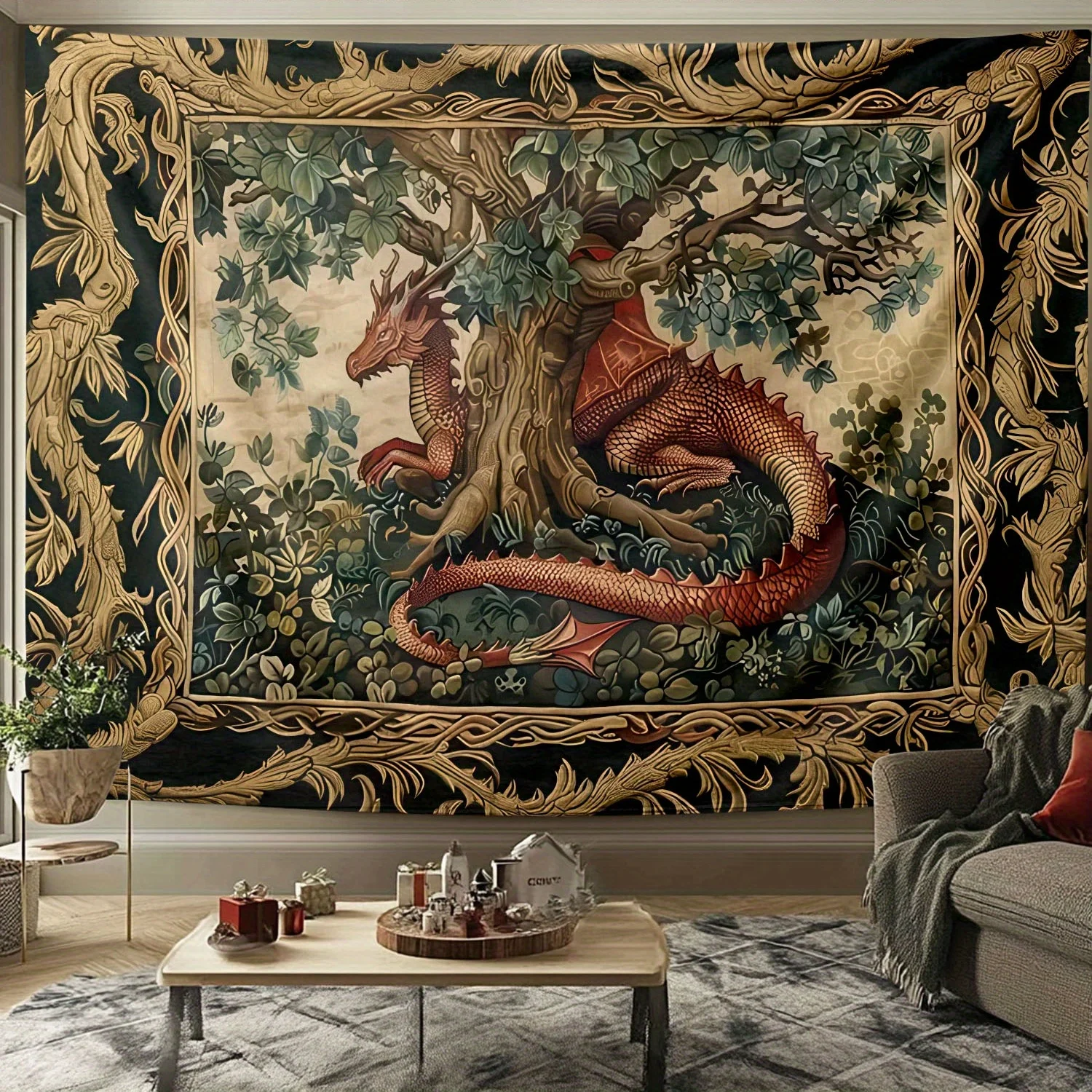 

Настенный гобелен из полиэстера с изображением дракона, фэнтези, средневековый стиль, декор, большой красный дракон и дерево, природный узор, для спальни, 1 шт.