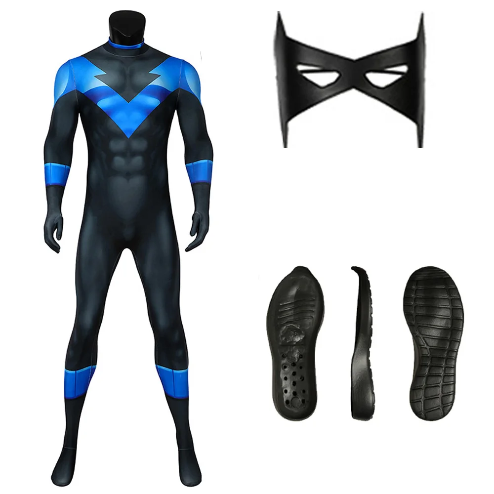 Dick Grayson Cosplay Traje, Zentai Capuz Vermelho, Halloween Traje, Super-herói Macacão, Asa Noturna Máscara