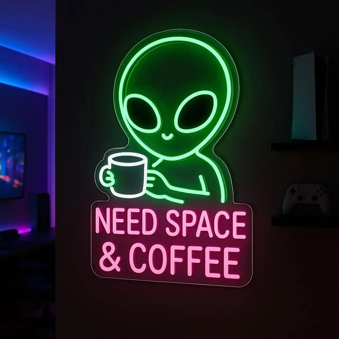 Alien Coffee Neon Sign Funny Wall Neon for Bedroom, Cafe or Gamer Room Decor