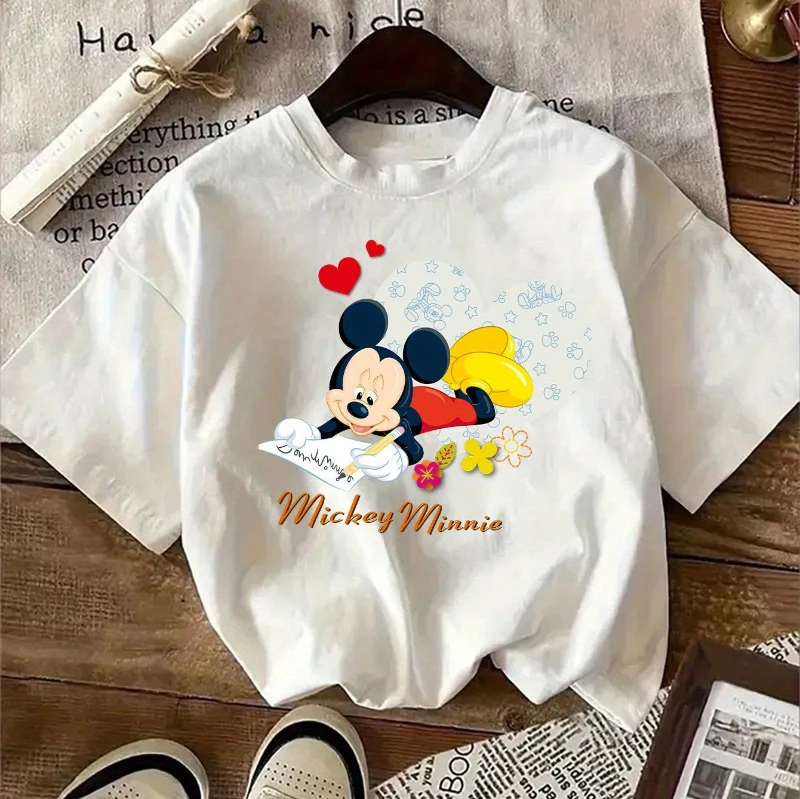 تي شيرت ديزني ميكي لوف فلاور كارتوني مطبوع، قميص كاجوال بأكمام قصيرة ورقبة دائرية، مناسب للصيف بأكمام قصيرة