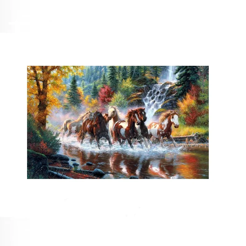 Horses Running Through Autumn Forest River, Art Print Canvas Poster, Living Room Decor, Home Wall Picture