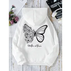 Butterflies And Flowers Simple Style Women Hoodies Fashion Crewneck Sweatshirt Casual Oversize Hoody Autumn Fleece Sportswears