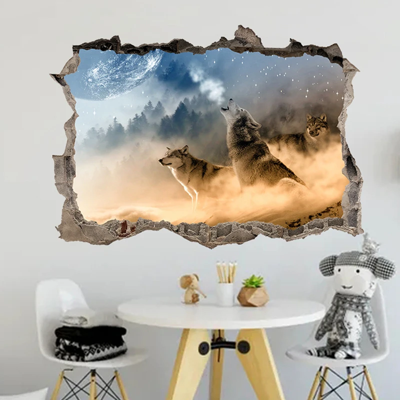 Snow Land, Wolf Howl, Vinyl 3D Broken Wall Stickers, Home Decorations, Star Sky Landscape, Art Mural, Animal Wallpaper, 70*50CM