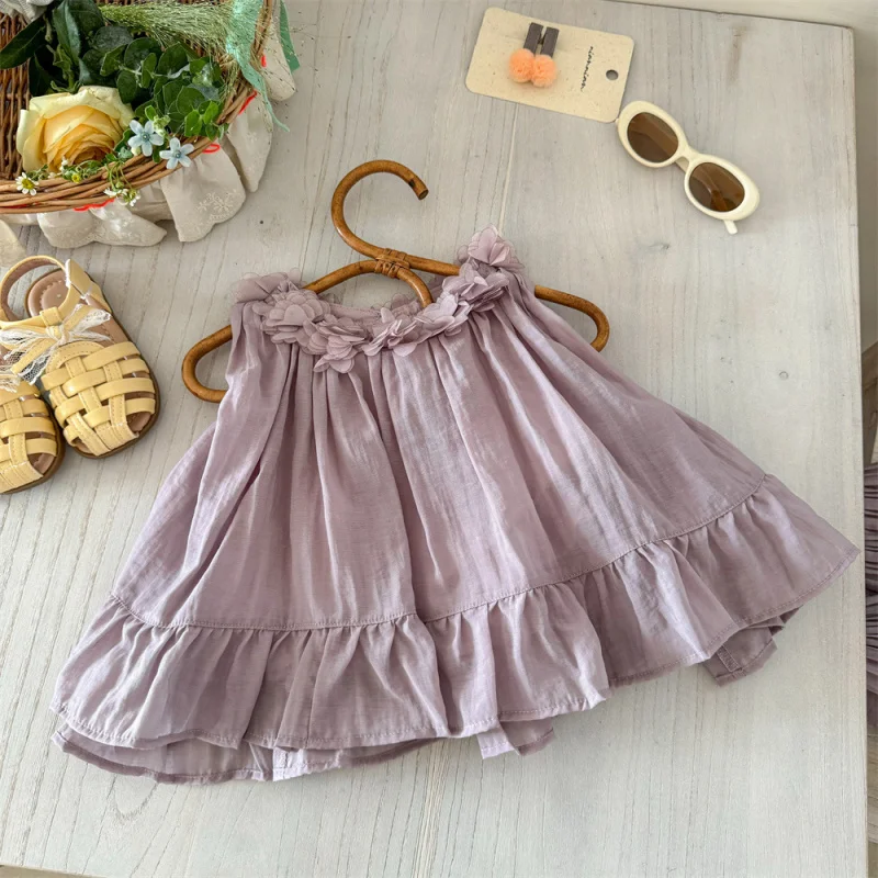 

Girls' Princess Style Outfit Summer New Sleeveless Lace Collar Wide-Leg Pants Two-Piece Set for Little Girls