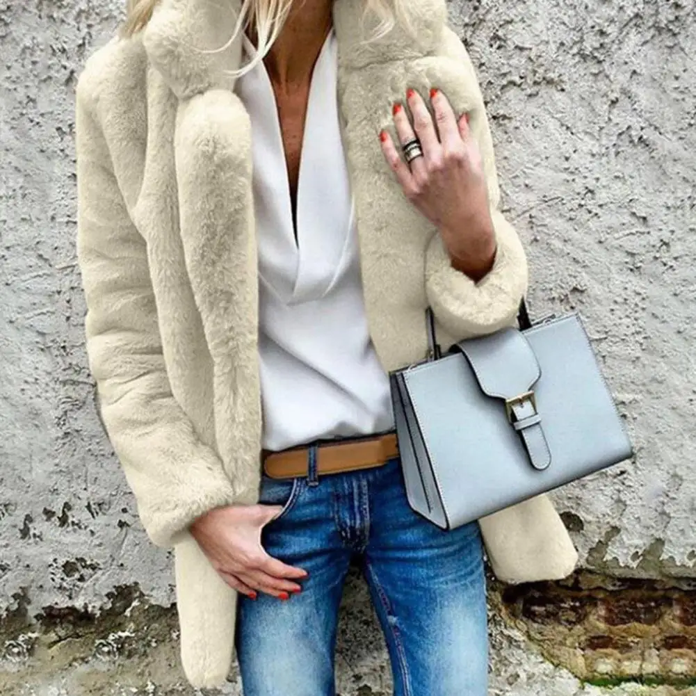 

Women Winter Coat Long Pattern Plush Fluffy Cozy Furry Thicken Turn-down Collar Winter Jacket Outdoor Thermal Women Jacket 80%