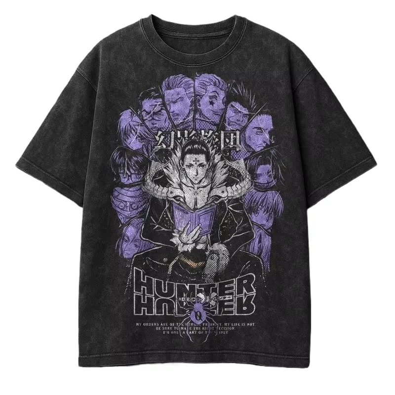 Anime Hunter X Hunter Chrollo Printed T-shirt Men's and Women's Washed T-shirt High Quality Vintage Cotton T-shirt Harajuku Tops