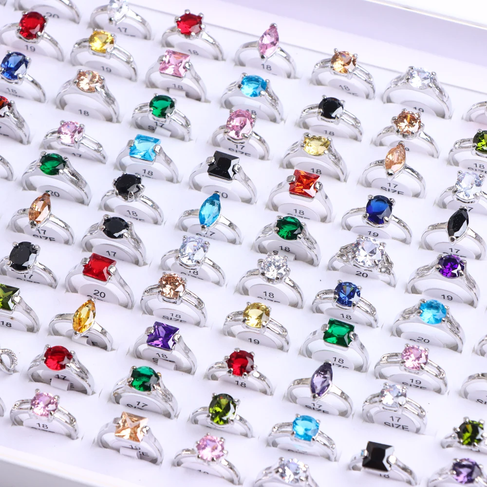 20Pcs/Lot Fashion Multicolor Cubic Zircon Rings For Women Mix Style Trendy Wedding Engagement Jewelry Party Gifts Wholesale