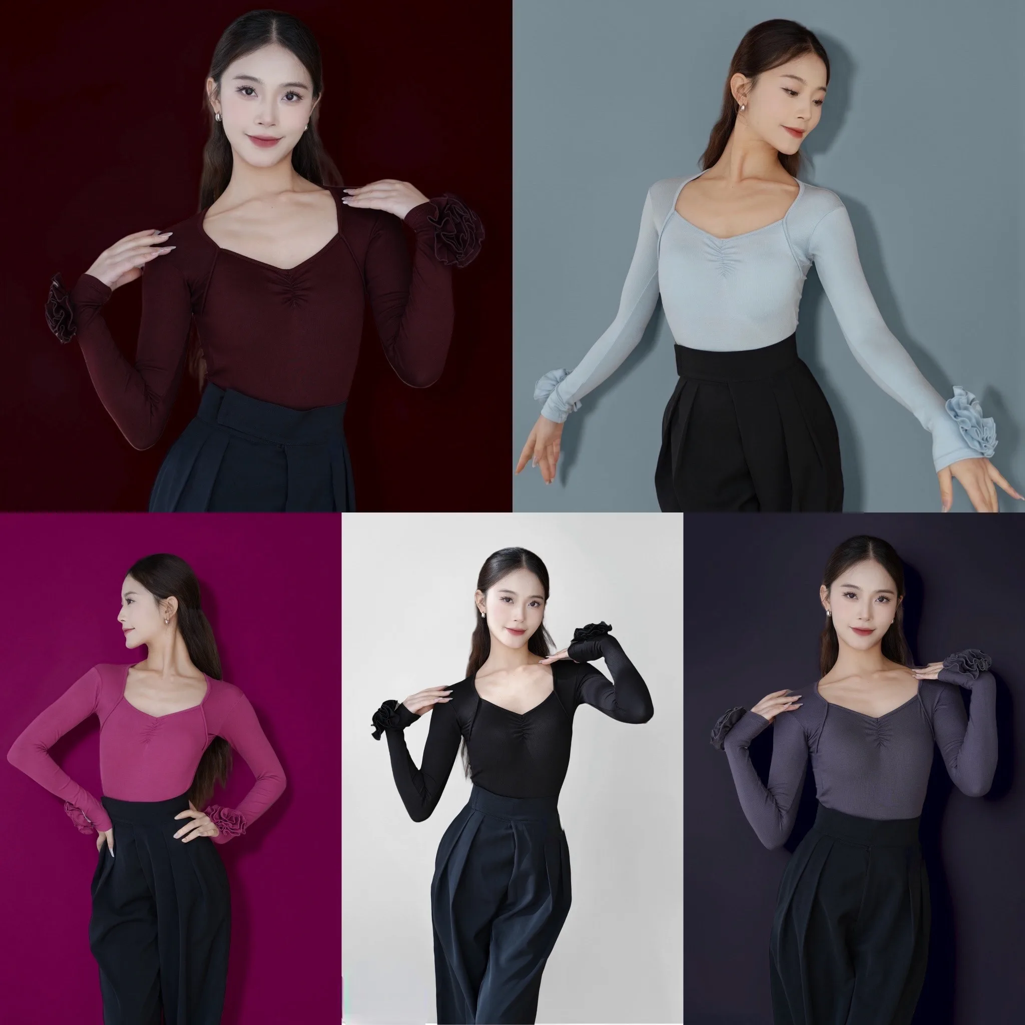 

Топы для латинских танцев с длинными рукавами, женские 5-цветные трико для взрослых, румба, одежда для бальных танцев, тренировочные топы для сальсы