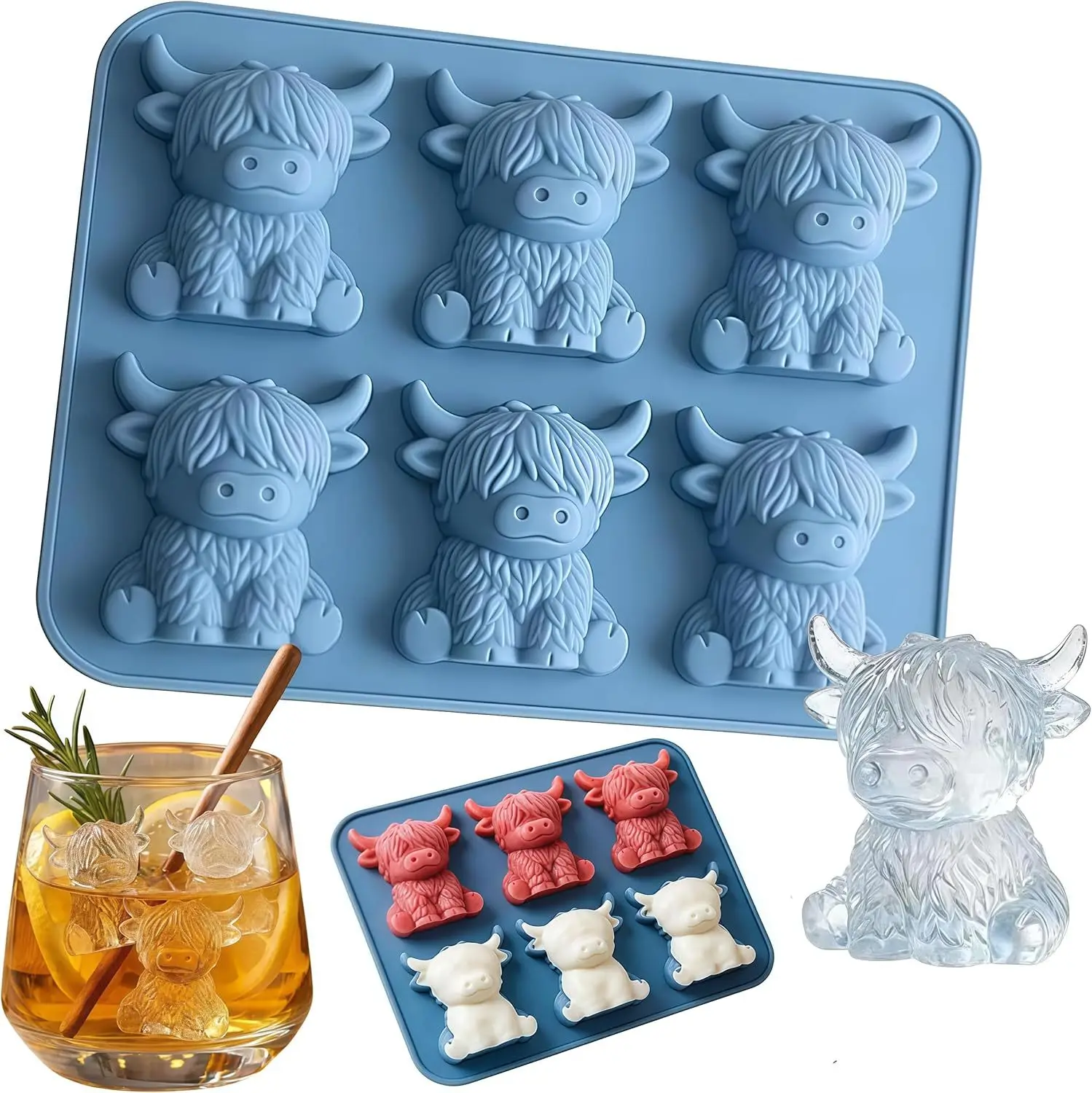 Highland-Kuh-Eiswürfelform, Highland-Kuh-Silikonform, niedliche 3D-Eiswürfel für Whisky, Cocktails, Bier & Getränke, wiederverwendbare Silikonformen
