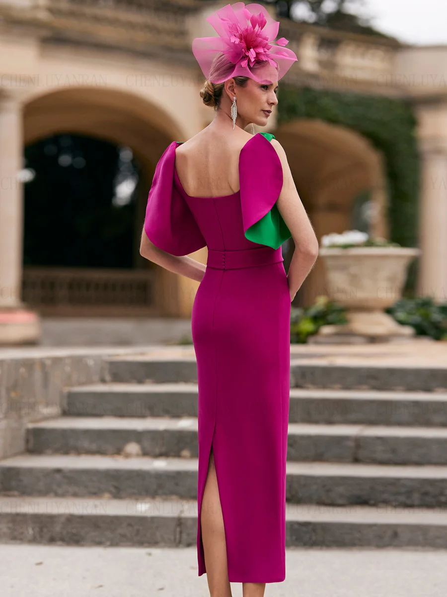 2025年ホットピンクサテンシースウェディングゲストガウンノースリーブセクシードレス、エレガントな花嫁の母のドレス、結婚式のパーティー用女性向け