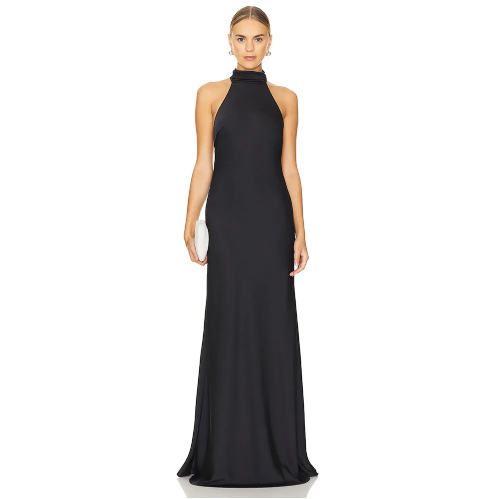 

Modern Women's Evening Gown Black Halter Evening Dress Mermaid Backles Bow Floor Length Long Formal A Line Party Dress
