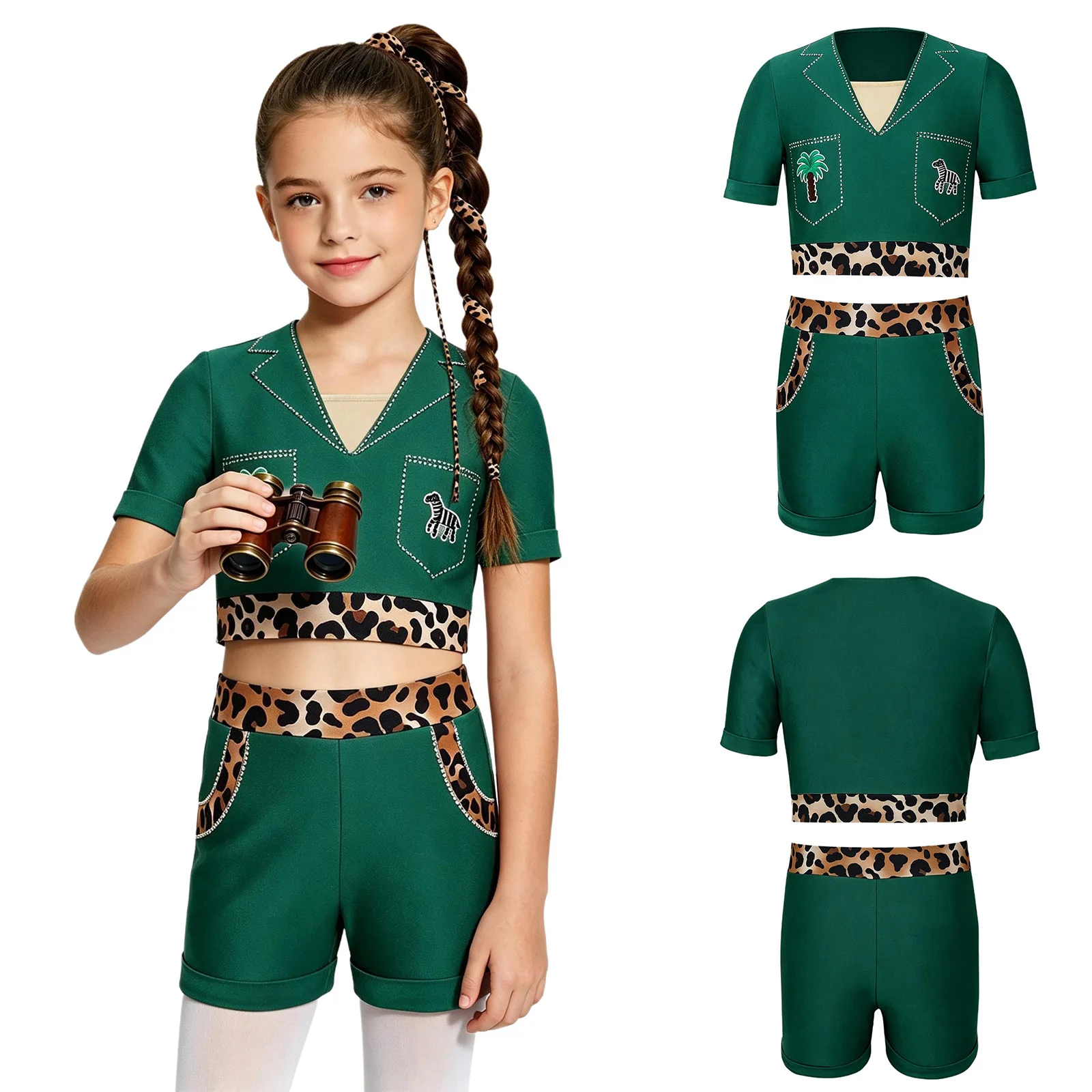 Kids Girls Jungle Explorer Adventurer Costume Leopard Print Shiny Rhinestone Jazz Dance Crop Top with Shorts Halloween Clothes