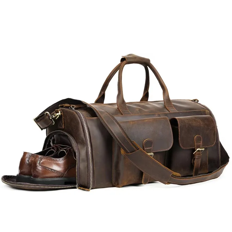 Crazy Horse Leather Men's Weekend Luggage Travel Bag with Shoes Box Clothing Luggage Leather Travel Bag