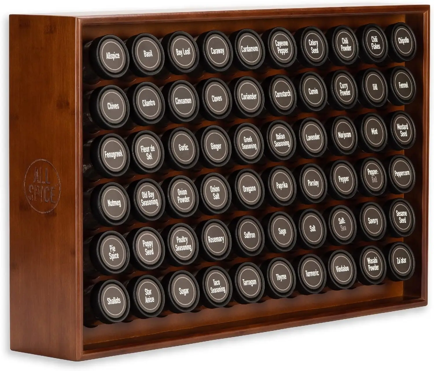 

Wood Spice Rack, Countertop or Wall Mount, Includes 60 4oz Jars- Walnut Stain