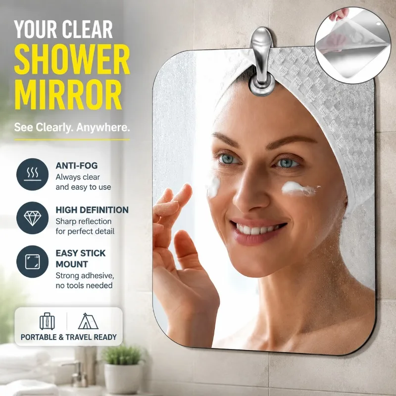 Acrylic Shower Mirror Portable Travel Camping Mirror for Shaving & Makeup, Anti-Fog, High Definition, Wall Mounting Sticker,