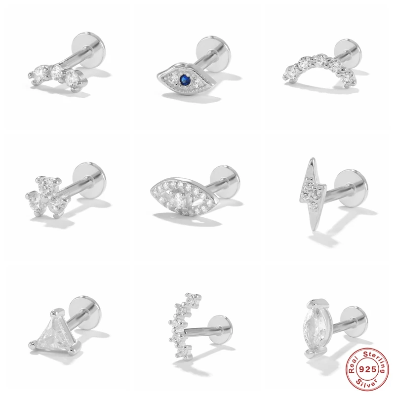 2pcs 피어싱 Aretes 925 스털링 실버 스터드 귀걸이 블링 지르콘 스타 문 눈 미니 작은 연골 귀걸이 여성 Jewerly