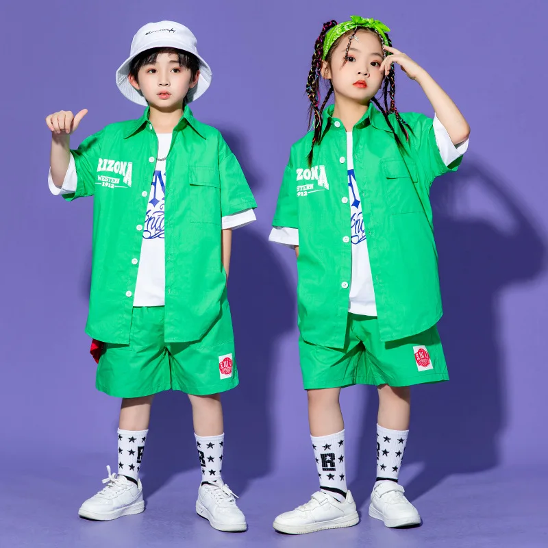 Kid Cool Hip Hop Clothing Letters Green Shirt Top Wide Casual Street Summer Shorts for Girl Boy Jazz Dance Costume Clothes Set