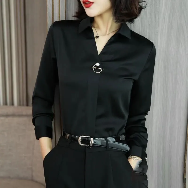 Commuter Office Lady All-match Solid Color Blouse Fashion Spring New Women\'s Long Sleeve Button Korean Turn-down Collar Shirt