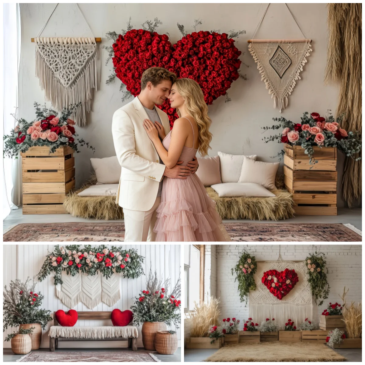 

Богемный фон с сердцем и розой на день Святого Валентина, деревянный ящик, цветочный декор для вечеринки в честь Дня святого Валентина, украшение для фотостудии