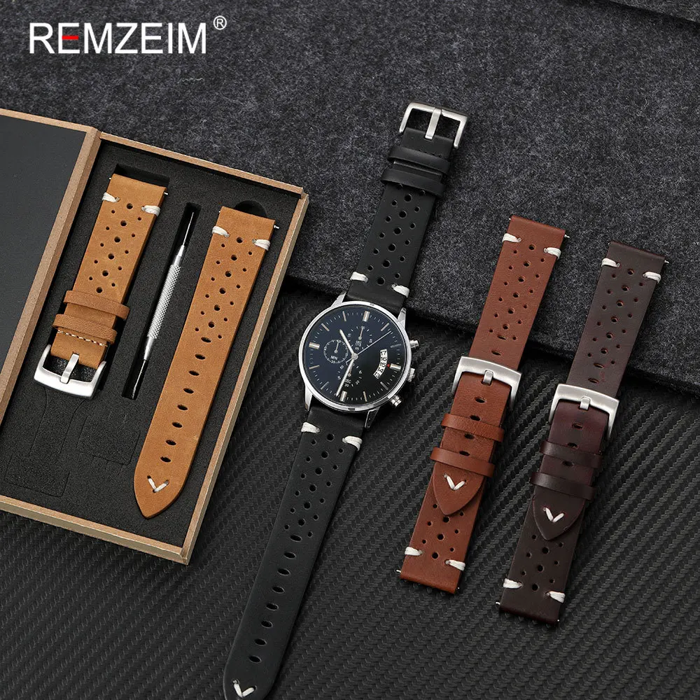 Vintage Oil Wax Leather Wrist Band 20 22mm with Quick Release Spring Bar Gift Packing Box Men Fashion Cowhide Watch Strap