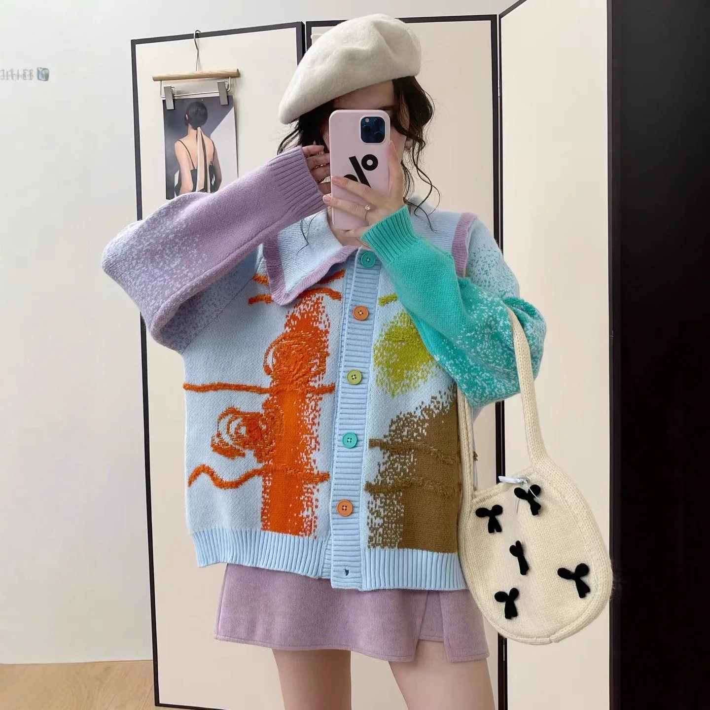 2025 Spring and Autumn New Women's Sweet Style Colorful Knitted Cardigan Loose Turn-Down Collar Casual Daily Sweater Top