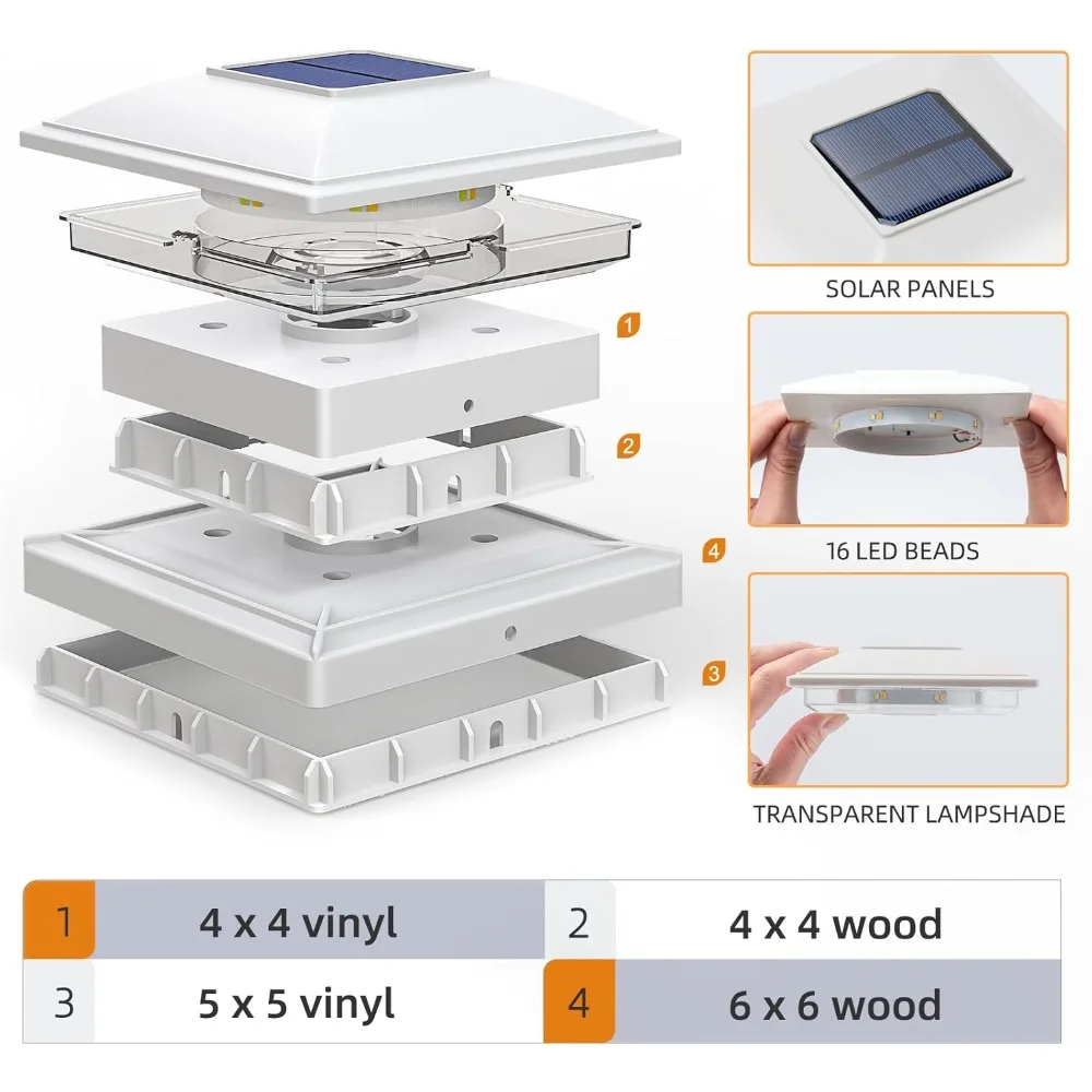 أضواء غطاء عمود الطاقة الشمسية، 16 حزمة 2-وضع مشرق 5x5 الفينيل سياج آخر قبعات أضواء الشمسية في الهواء الطلق مقاوم للماء حديقة فناء سياج سطح السفينة