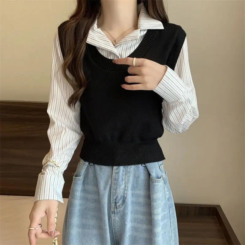 Spring Autumn Fake Two Pieces Sweater Women Fashion Turn-down Collar Long Sleeve Button Pullovers Elegant Striped All-match Tops