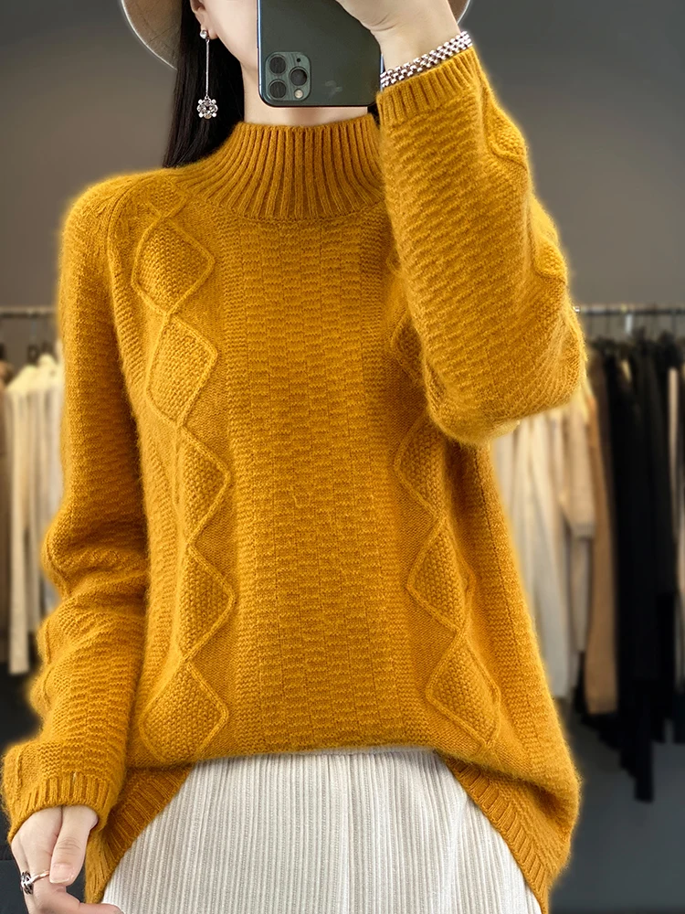 2024 New Autumn Winter Women Sweater Mock Neck 100% Pure Mink Cashmere Pullovers Knitwear Thick Warm Fashion Jumpers Clothing