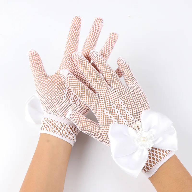 Gloves Princess Flower Girl Bridal Wedding Dress Mesh Bow Stretch White Polyester Spandex Lightweight Breathable Elegant
