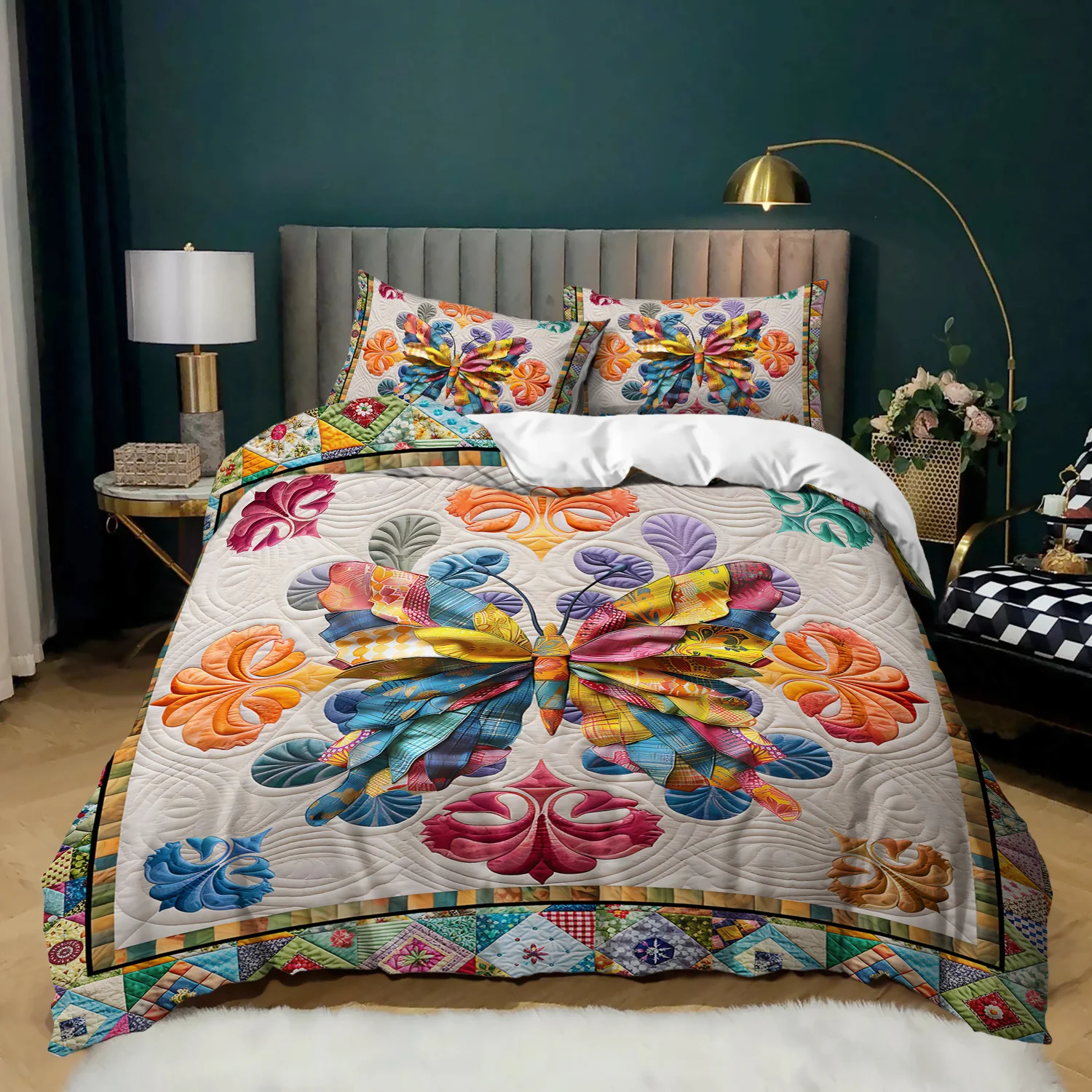 

3pcs Bohemian Butterfly Patchwork Bedding Duvet Cover Set Butterfly Patchwork Bedding Quilt Set Butterfly Themed Bed Quilt Set