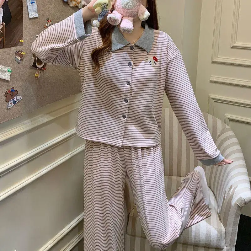 Hello Kittys Striped Sleepwear Women's 2026 New Autumn Winter German Velvet Long Sleeved Home Suit Set Cute Cartoon Comfortable