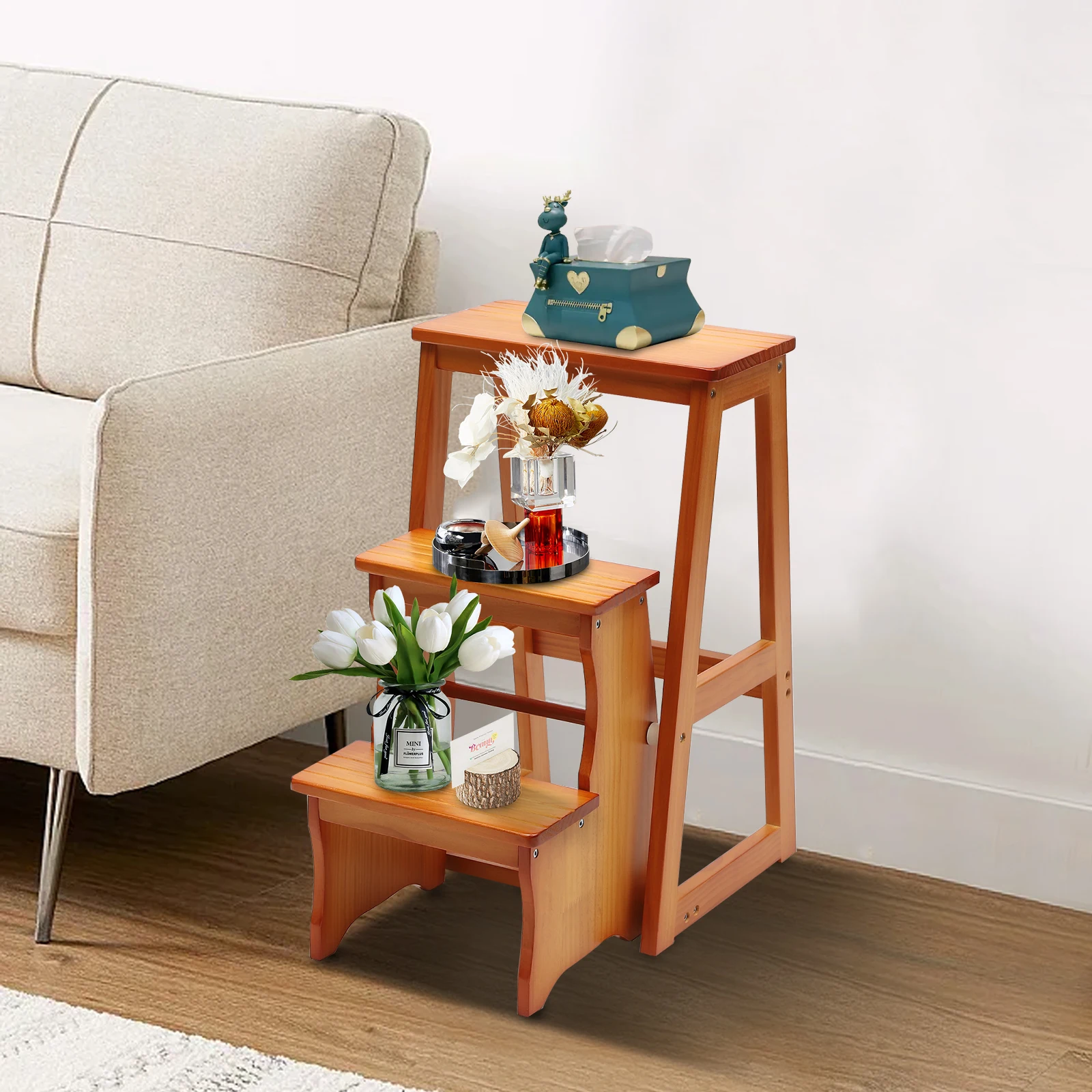 Rak Tangga, Kayu Solid Berkualitas Tinggi, Finishing Warna Madu, Desain Lipat, Stabilitas Tinggi dengan Kapasitas 264,55 lbs, Anti Selip