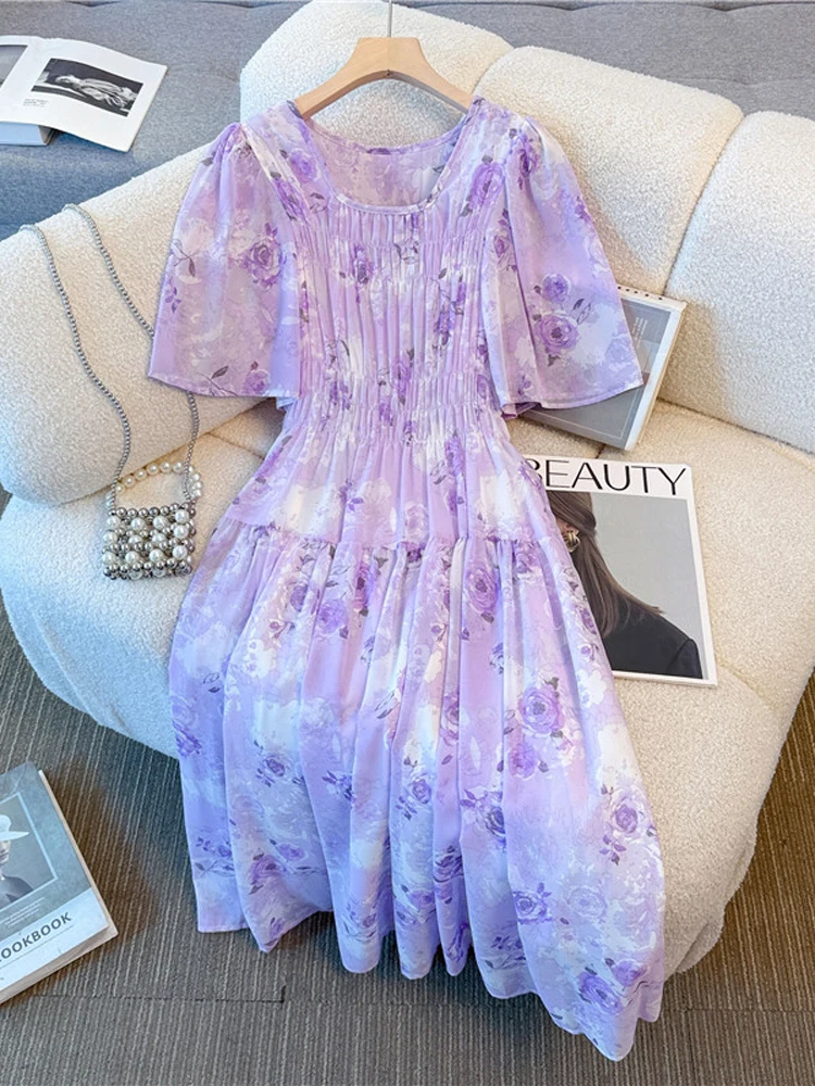 Summer 2025 plus Size Women's Dress Loose High Waist Print Long Dress Robe Elbise Big Flower Korean Style Dress for Fat MM