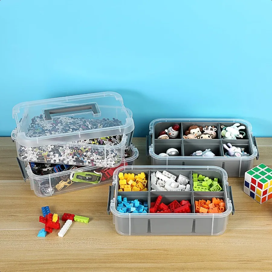 4Tiers Stack Carry Storage Box With 2 Divided Tray Transparent Stackable Storage Bin With Handle Lid Latching Storage Container