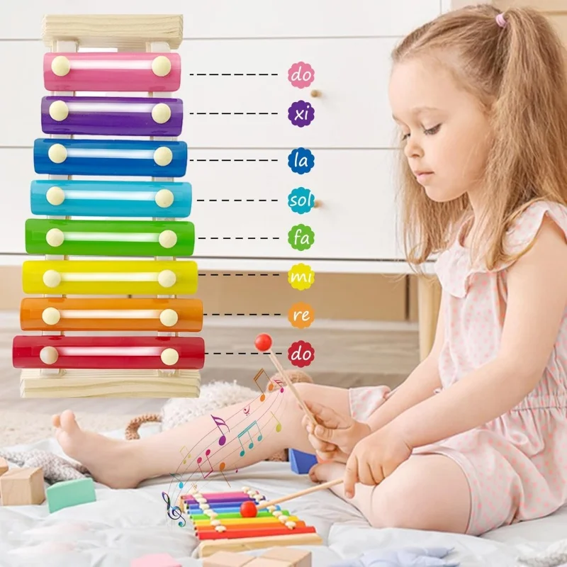 Xilofono in legno Montessori per bambini con 2 mazze, 8 tasti diatonici Strumenti musicali per bambini in età prescolare Giocattoli educativi Regali