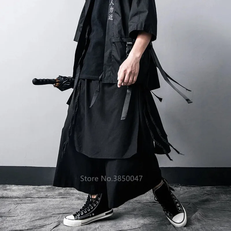 Japanse gotische zwarte kimono broek voor vrouwen mannen yukata mode haori samurai cosplay kostuums traditionele kleding streetwear p