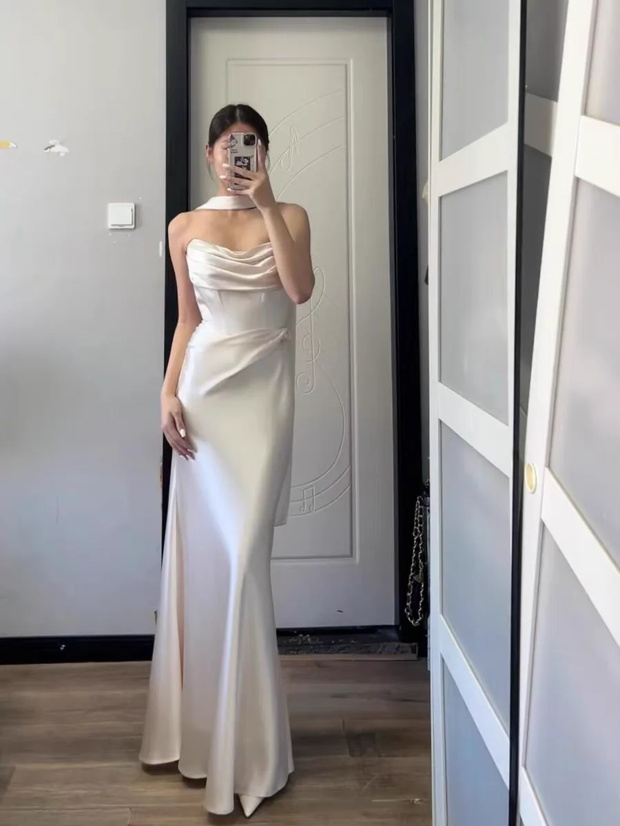 

Ele White Satin Morning Robe for Bride-to-be Slimming Evening Gown Wedding Anniversary Engagement Ceremony Celebration