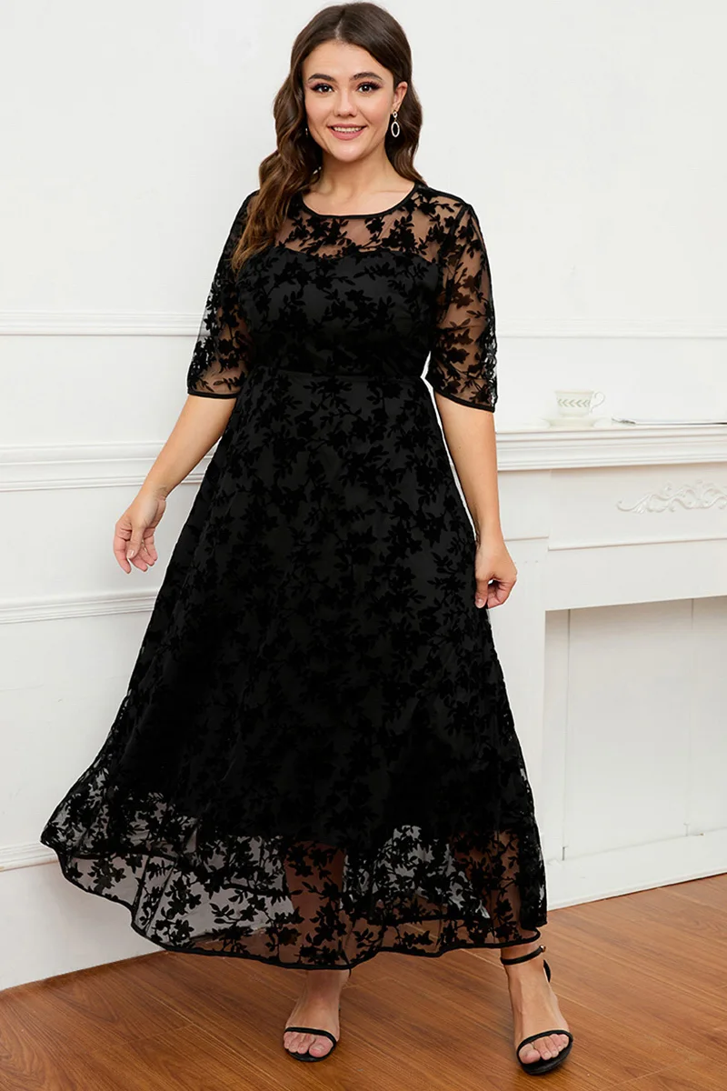 Plus Size Short Sleeve Maxi Dress Women Black Lace Flocking Mesh Velvet Double Layer Long Formal Dress Elegant Party Dress