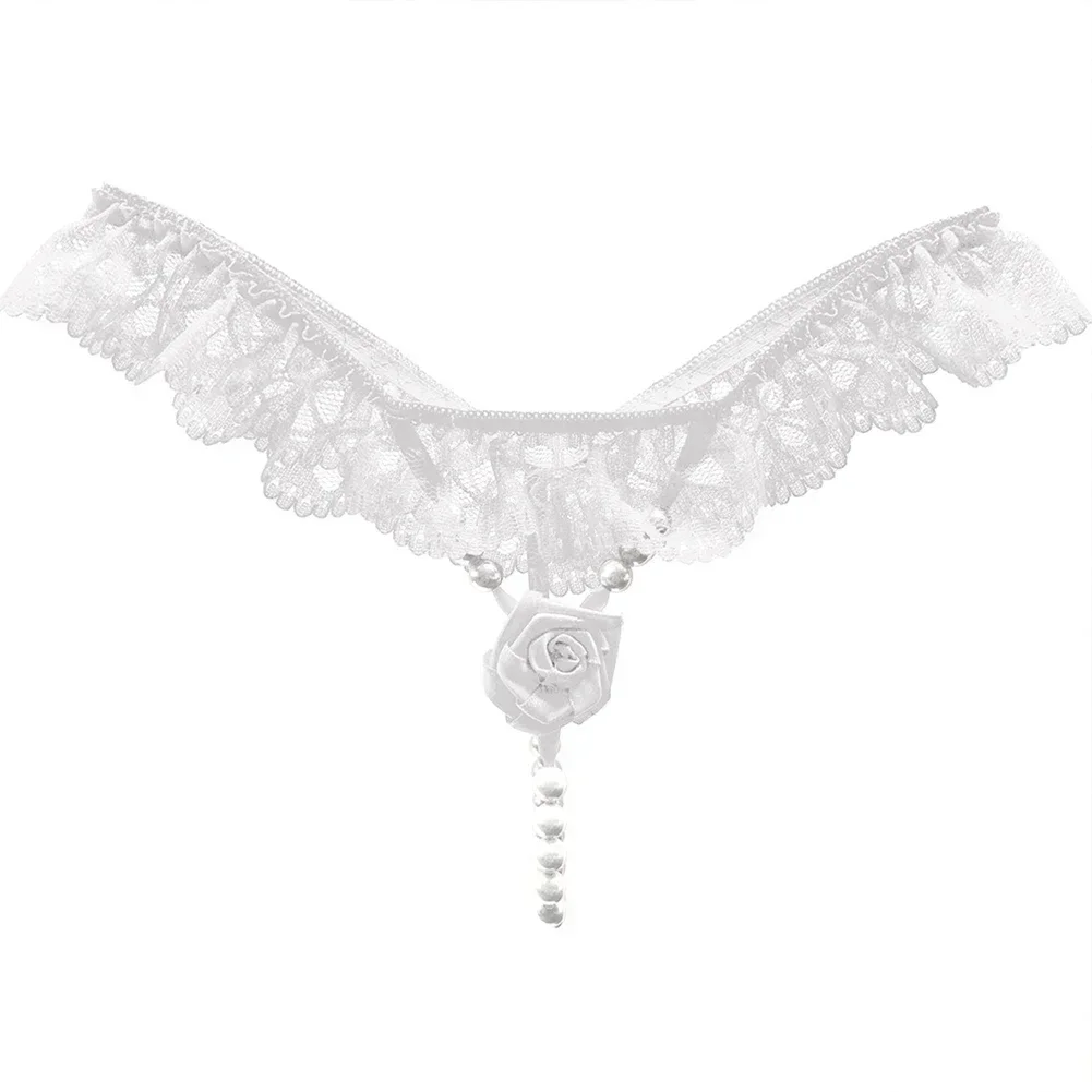 Pearl Rose Lace Thong G string Panties for Women Sexy T back Crotchless Underwear with Elasticity and Solid Color Pattern