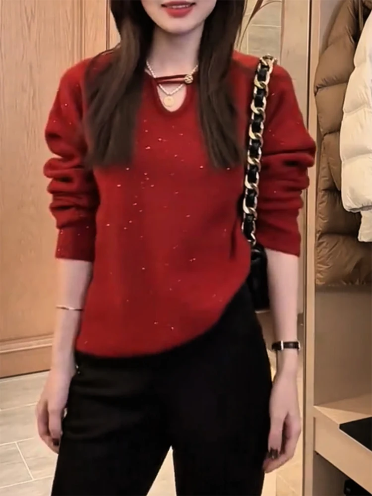 

iny Sequin Knitwear V-Ne Women's Faionable Autumn Winter New Sle plus Size Warmth Comfortable Long Sve Camere Top