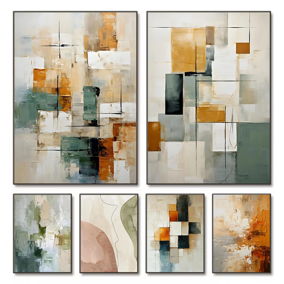Abstract Minimalist Geometric Emerald Green Earth Tones and Ocher Poster Canvas Painting Wall Art Picture Home Living Room Decor