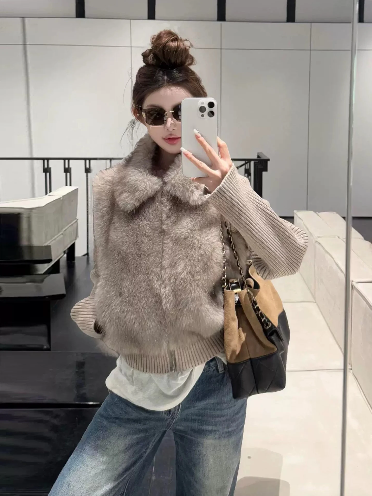 Short Knitted Sleeve Detachable Fur Cotton Jacket Women's Small Size Cotton Clothes Autumn Winter New Style Commute Style