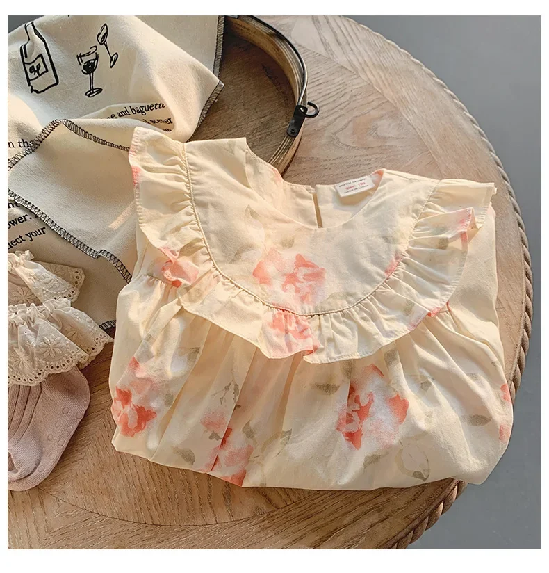 Girl Dress South Korean Children Ruffled Girls Dress 2024 Spring and Autumn Flower Print Sweet Children Dress Girl Flower Dress