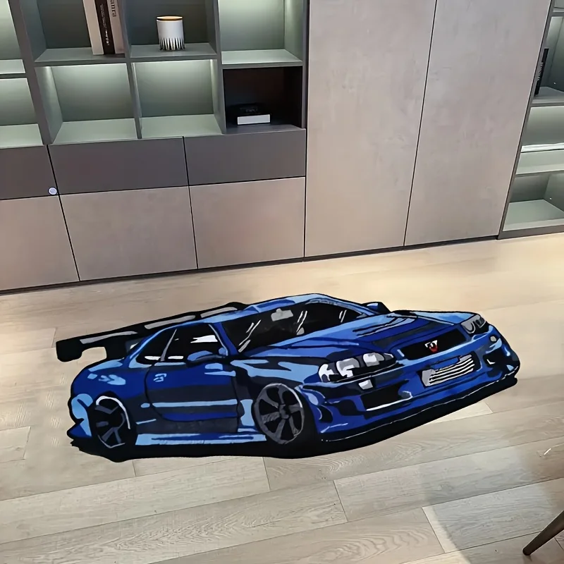 سجادة على شكل سيارة سباق رائعة من VIKAMA - نسيج مسار سباق السيارات باللون الأزرق مضاد للانزلاق ومقاوم للبقع لتزيين جو اللعبة