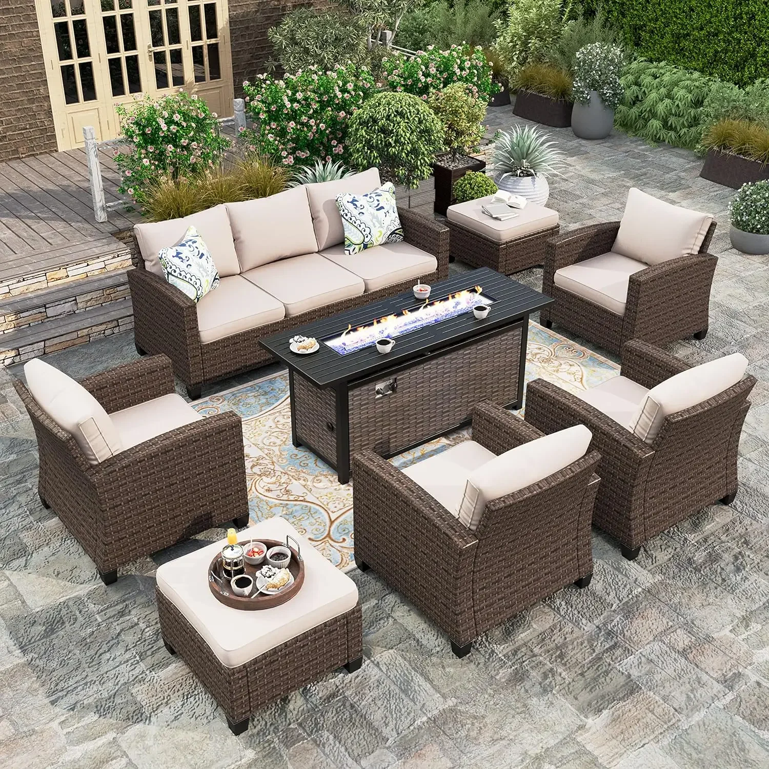 

Patio Furniture Set with Fire Pit Table, 8 Pieces Outdoor Wicker Conversation Set, 4 x Single Chair, 2 x Ottoman